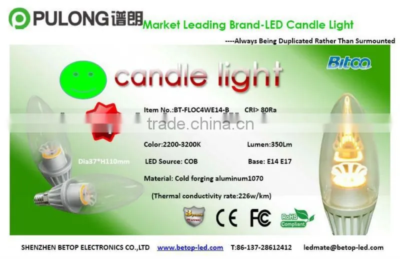 CE & ROHS E14 2700K COB LED Candle lamp 40W Replacement