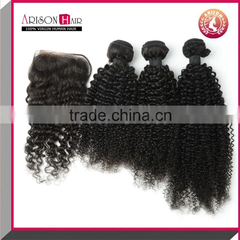 Top grade 100% brazilian cheap human hair kinky curly lace closure with hair bundles