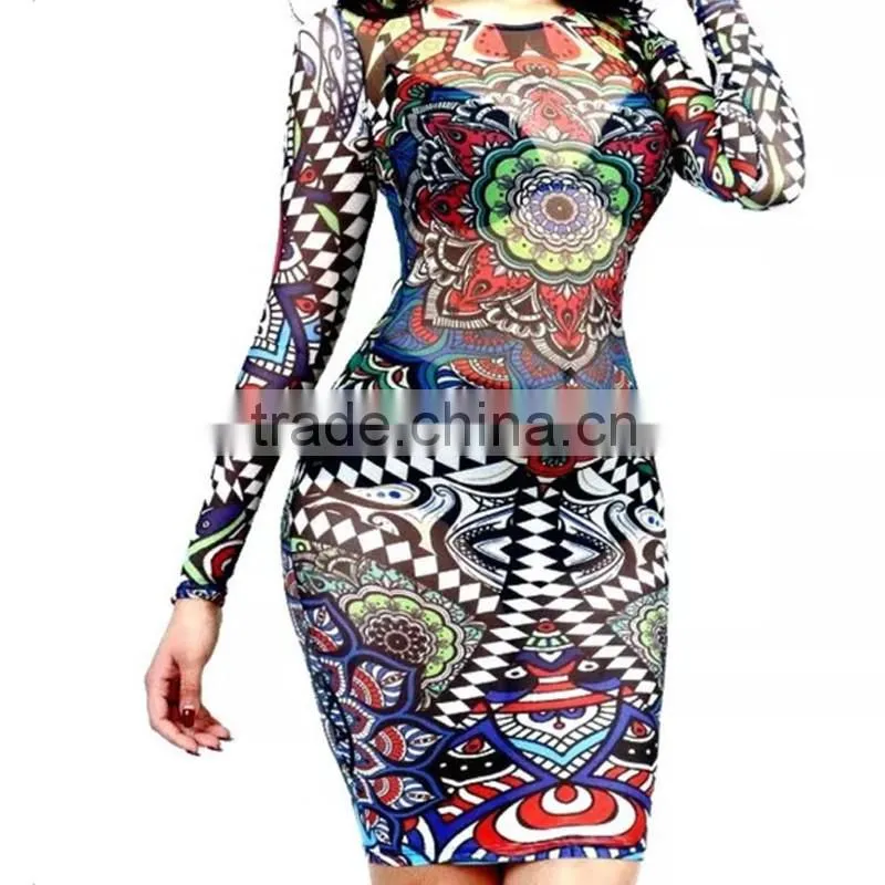 Women sexy night dress tribal tattoo printed night club wear bandage bodycon party dress