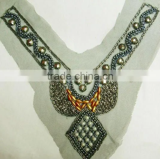 Apparel wooden beaded collar applique, neck embroidery design