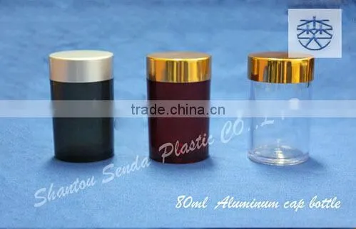 80ml clean acrylic pill bottle with golden cap, transparent acrylic bottle with Aluminum screw cap, empty PS capsules bottle