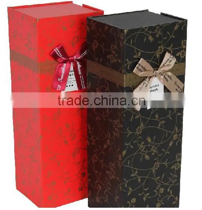 Custom printed paper wine box with ribbon