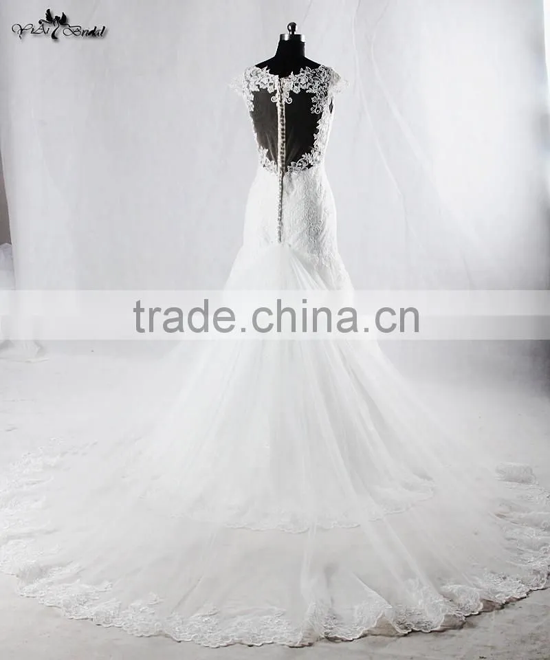 RSW928 Cap Sleeves Illusion Neckline See Through Back Lace Wedding Dresses Mermaid With Detachable Train