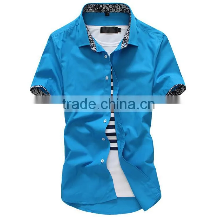Slim light blue color short sleeve cotton men shirts