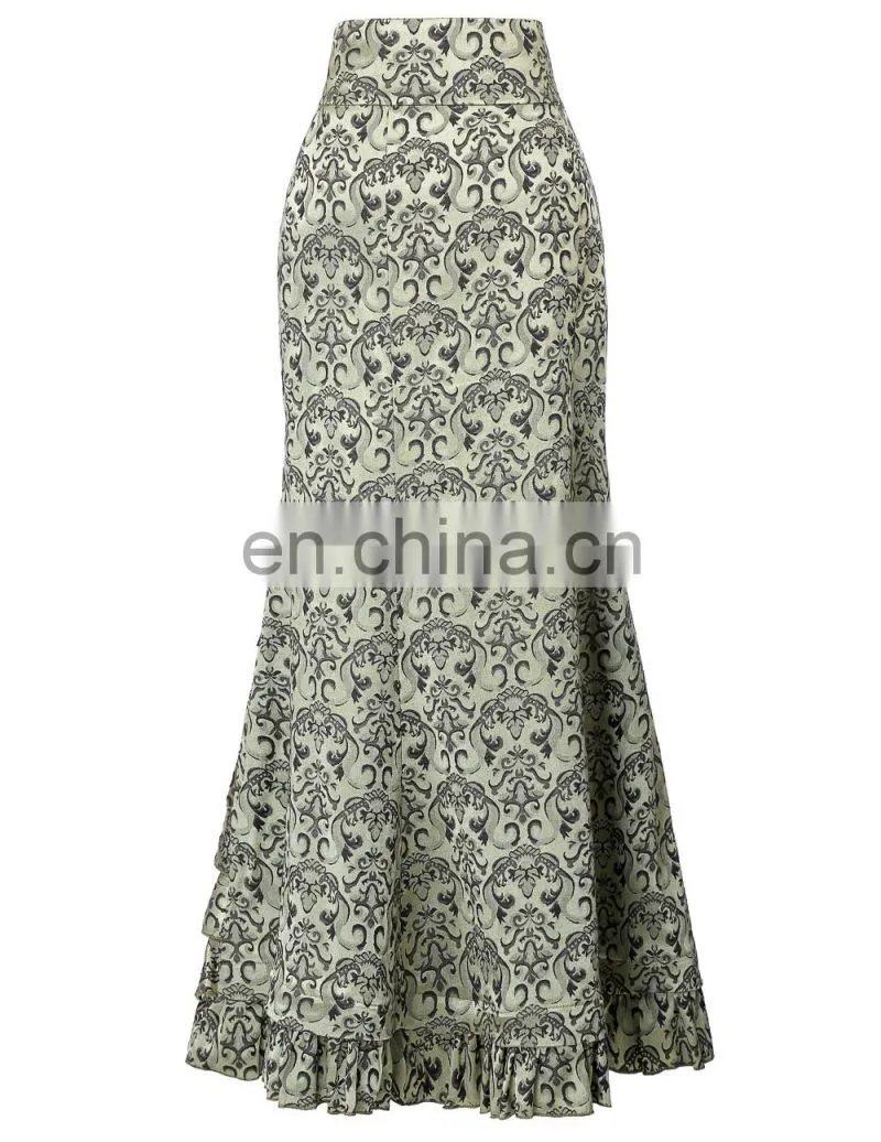 Belle Poque Women Vintage Retro Victorian Style Ruffled Jacquard Fishtail Mermaid Light Green Long Maxi Skirt BP000204-3