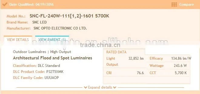 Shenzhen SNC manufacturer factory price new high lumen UL DLC listed outdoor led flood light 240W