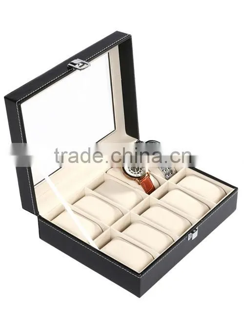 New HOMDOX Synthetic Leather Glass Window 10 Slots Watch Storage Display Box Jewelry Case Black OS004749