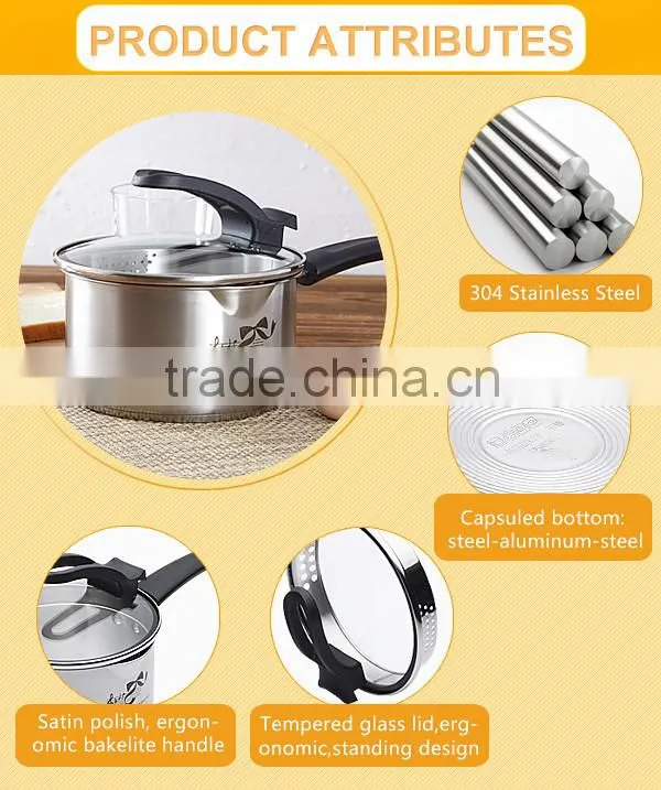 Classic Multi Nonstick Milk Pot Cookware, Hot Sale Clear Glass Stainless Steel Sauce Pan