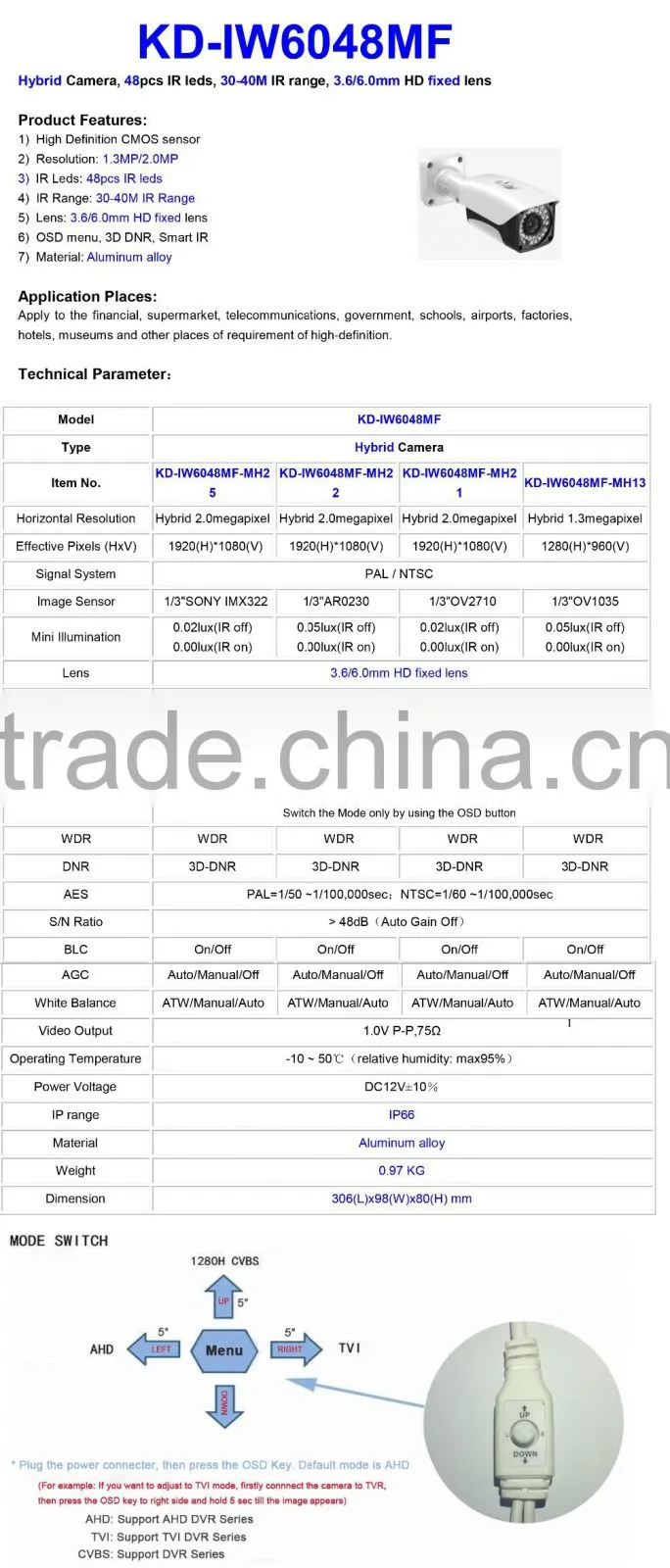 Chinese Top 10 CCTV Surveillance Camera Supplier AHD Camera 1080P Bullet Housing TVI CVI CVBS all in one Hybrid Camera