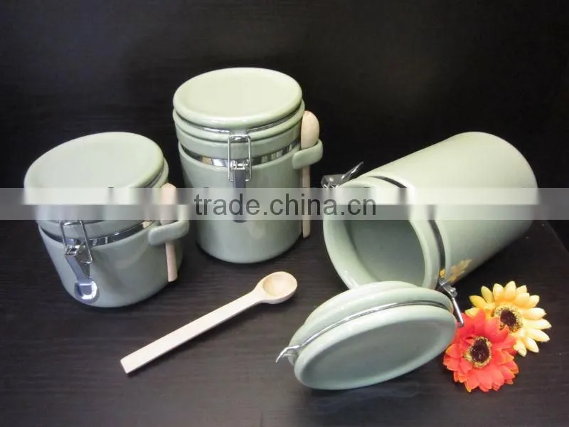 3 pieces green ceramic canister set, glaze ceramic canister