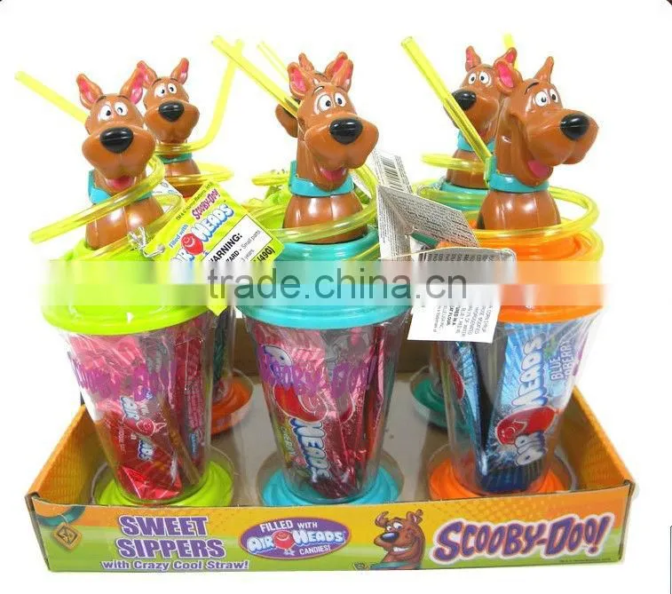 Lovely cartoon design plastic cup with straw