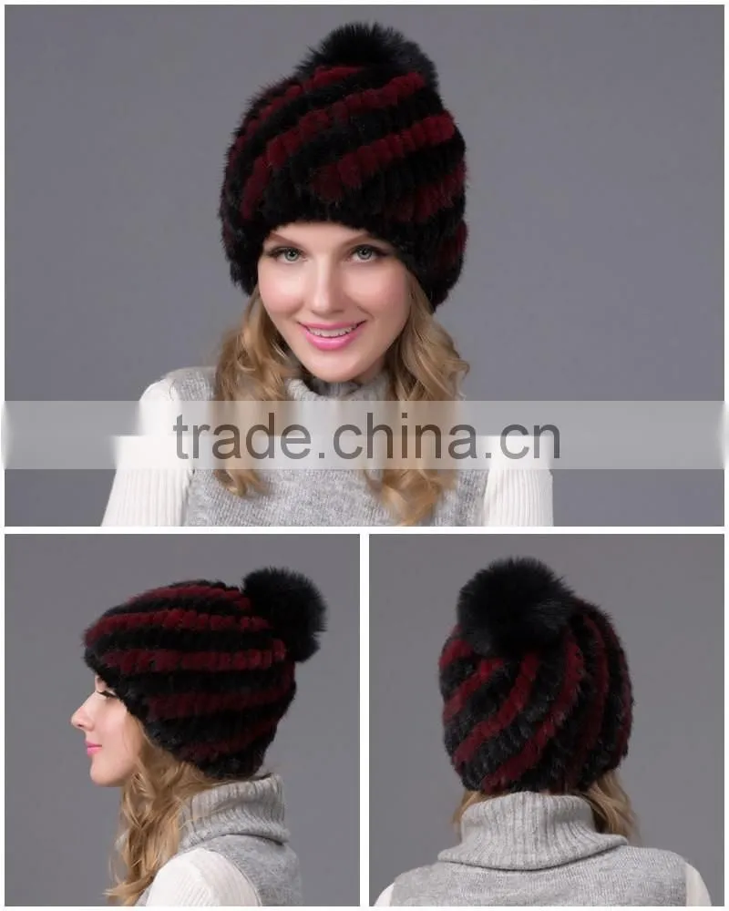 Winter rabbit fur pompom hat brown women mink fur hat knitted mink hat