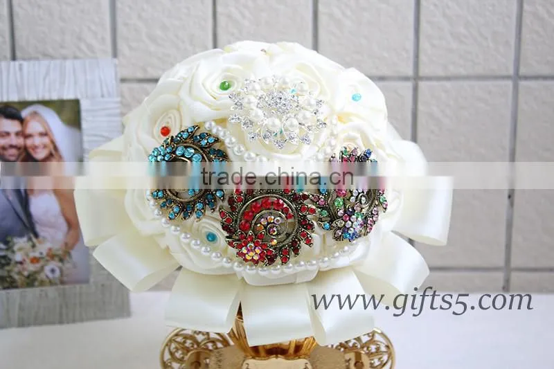 Handmade elegant satin roses bouquet for bride brooch jewelry bouquet
