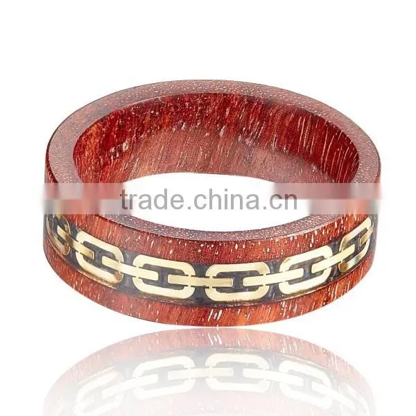 Natural Red Wooden Ring with Gold Metal Chain Inlay