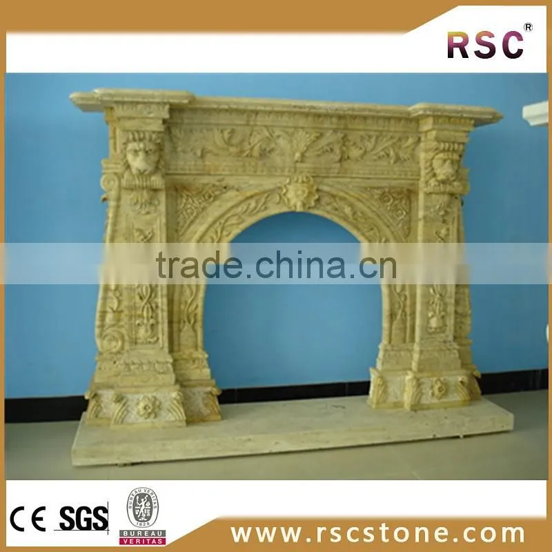 Green lion carve column fireplace / fireplace mantel
