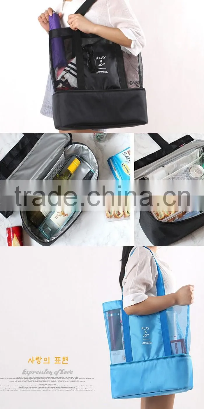 Custom Mesh beach tote bag / ice cooler bag with insulated compartment