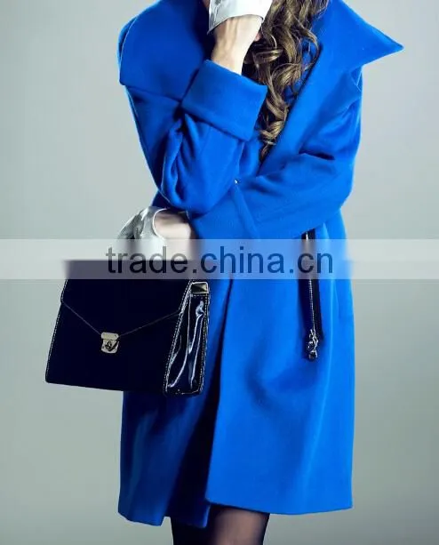 latest ladies quality overcoat blue wool/polyester woman factory wholesale coat