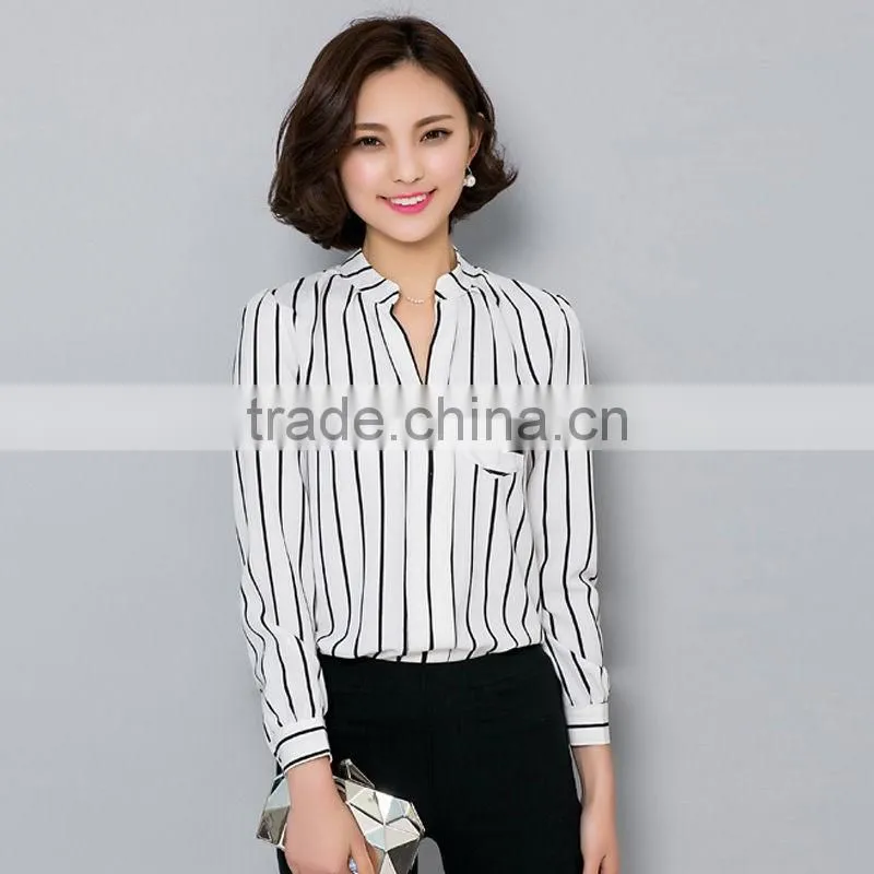Womens Scarf Collar Long Sleeve V-neck Chiffon Striped Casual Blouse 2016