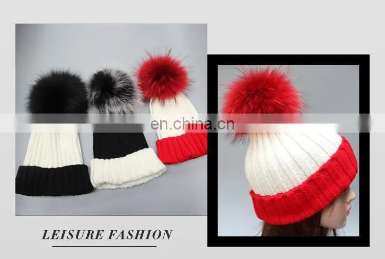 Stock hat fashion winter real big raccoon fur ball knitted beanie hat