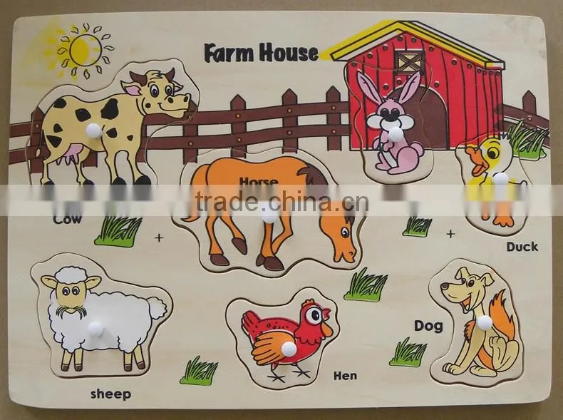 EN71-1-2-3 Test BSCI Factory Child Silk- Screen Printing Craft Educational Toy Puzzle Cartoon Toy Knob Wooden 2D Farm Puzzle