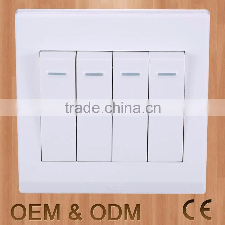whole sales price 13A 4 gang one way white big button wall switch with fruorescent indicator