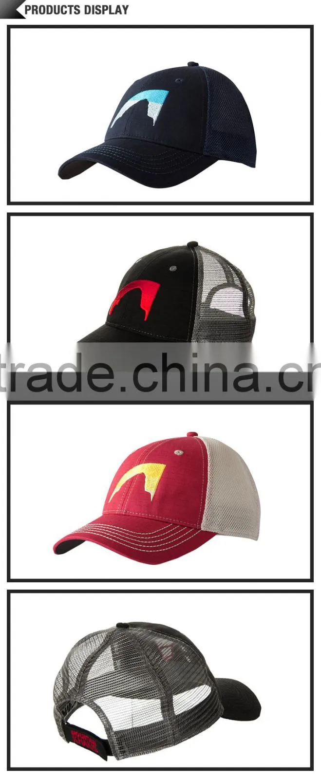 Wholesale promotional custom 100 polyester 6 panel cheap flat brim mesh distressed embroidery patch trucker cap