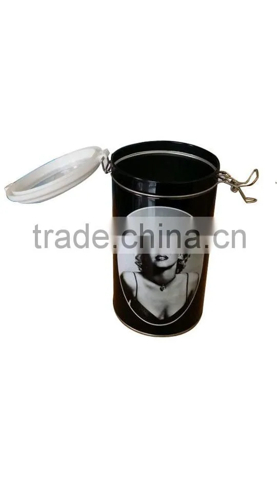 Airtight round tin box with clear pvc window and lock