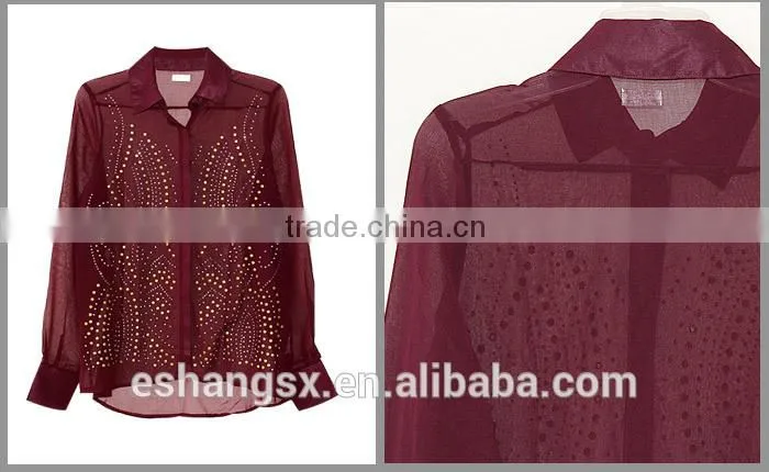 Ladies hot drilling long sleeve burgundy shirt