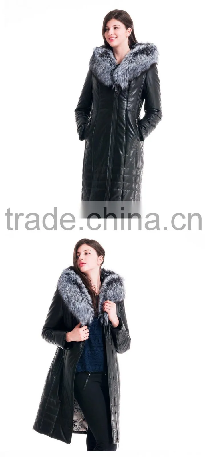 Winter Women long Leather Slim Fit Coat With Brown Fox Hat Overcoat