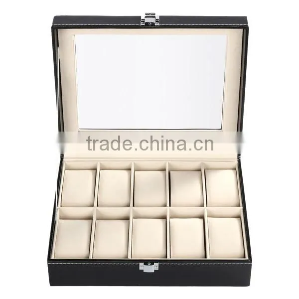New HOMDOX Synthetic Leather Glass Window 10 Slots Watch Storage Display Box Jewelry Case Black OS004749