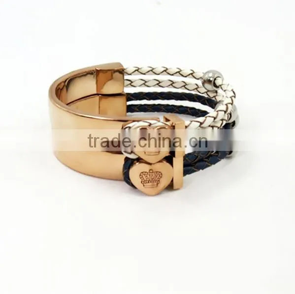 Fashion Rose gold bracelet and black leather stainless steel bangle