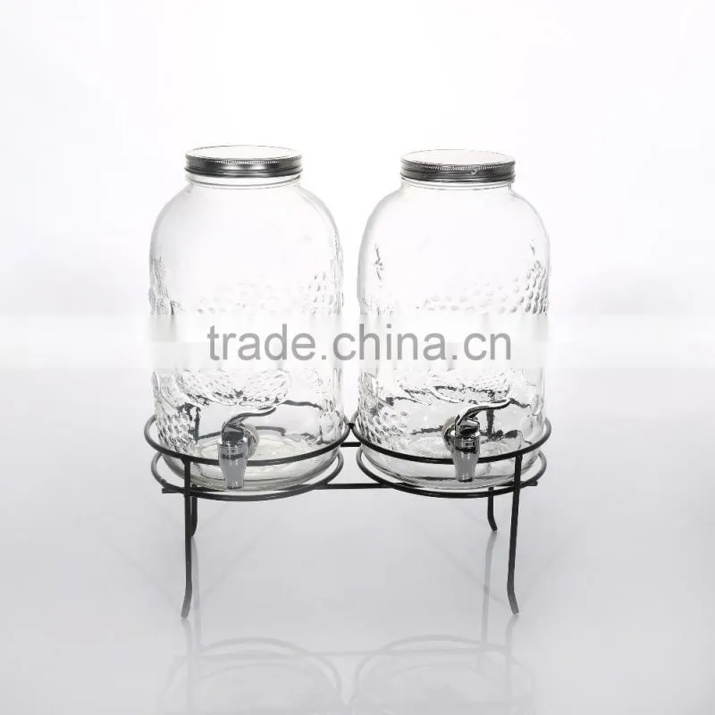 4.5L Twin Clear Glass Dispenser With Iron Stand With Pattern