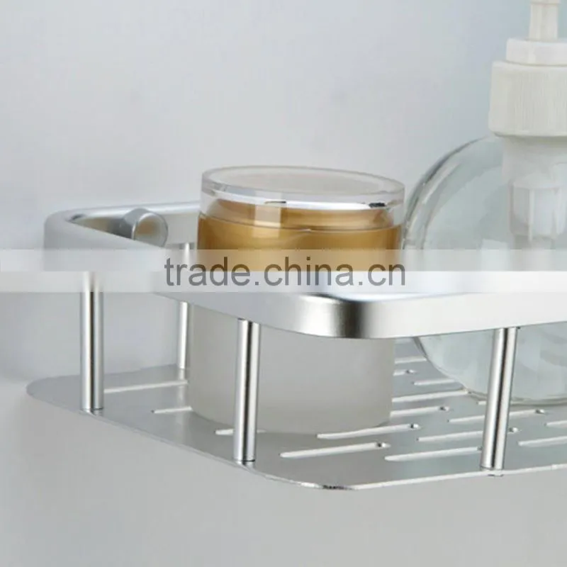Silver Wall Mounted Bathroom Aluminum Storage Shelf Basket with Hooks
