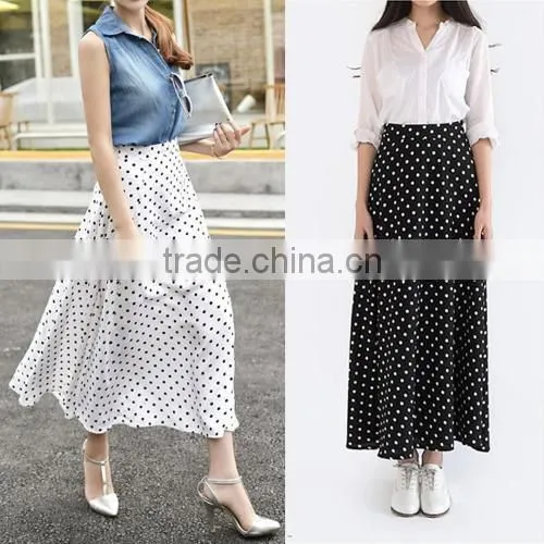 Stylish Lady Women Sweet Medium Elastic Waist Dot Chiffon Mild-calf Casual Pleated Skirt