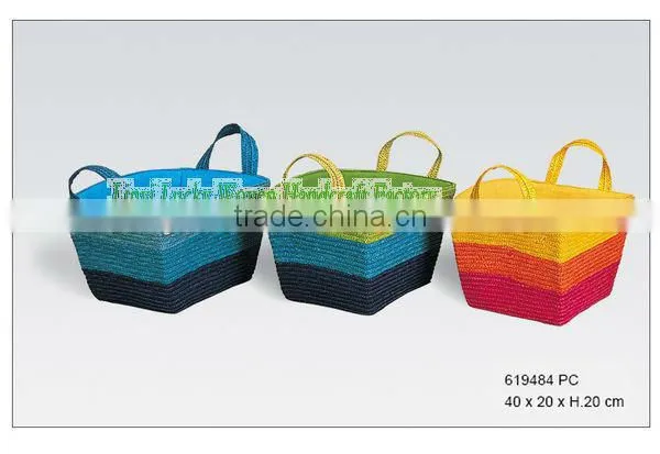 Cheap colored Rectangle straw storage basket with liner and handle