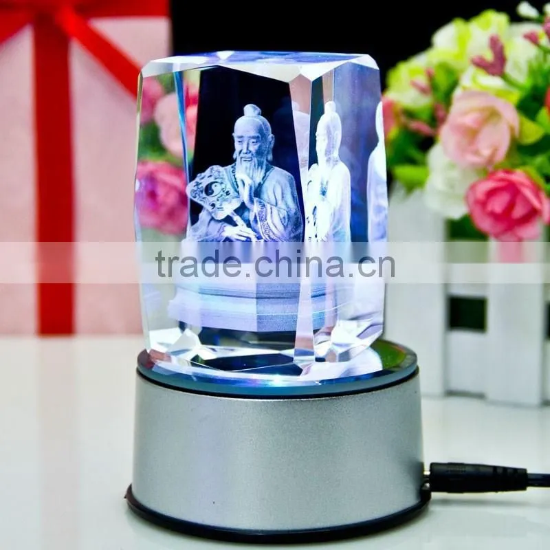 3D laser figure of buddha crystal cube souvenirs with LED light base