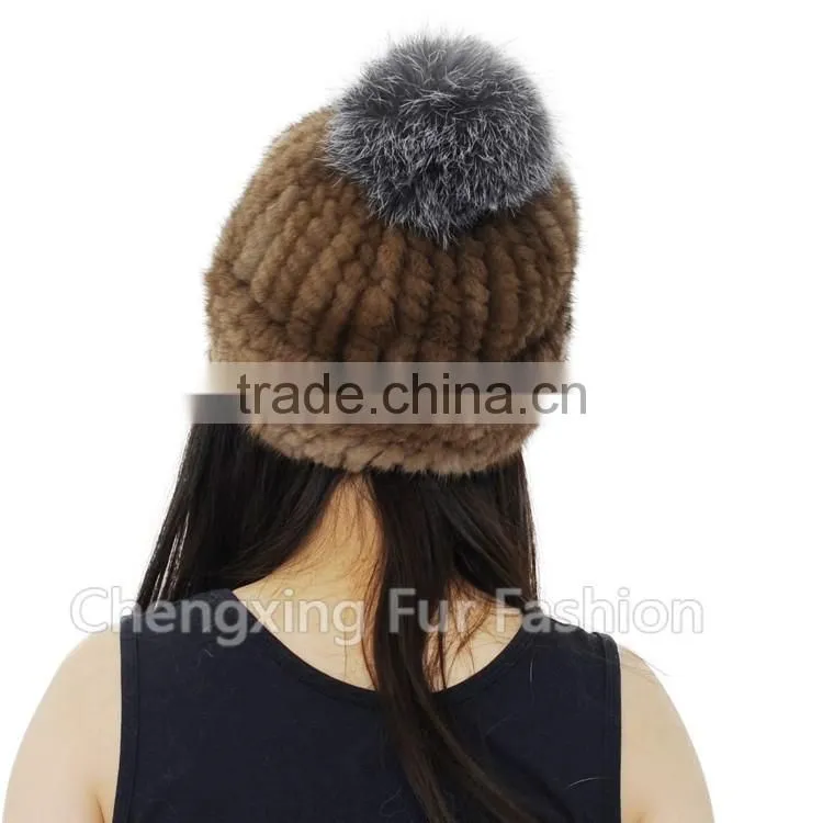 CX-C-239G Women Fashion Fox Fur Pom Pom Winter Knitted Mink Fur Hat And Cap