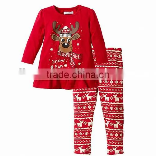 Factory wholesale red Christmas girl snow reindeer applique set fashioned baby clothing