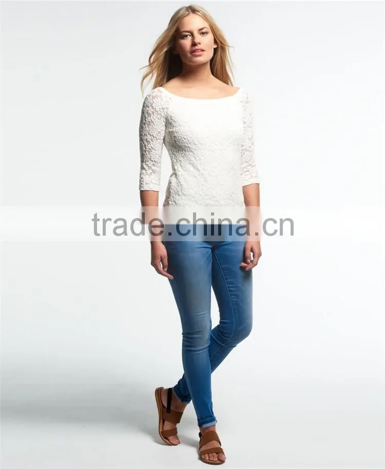 2016 Guangzhou Shandao Hot Selling New Arrivals Summer Casual Fat Women 3/4 Sleeve White Boat Neck Slim Lace Plus Size Top