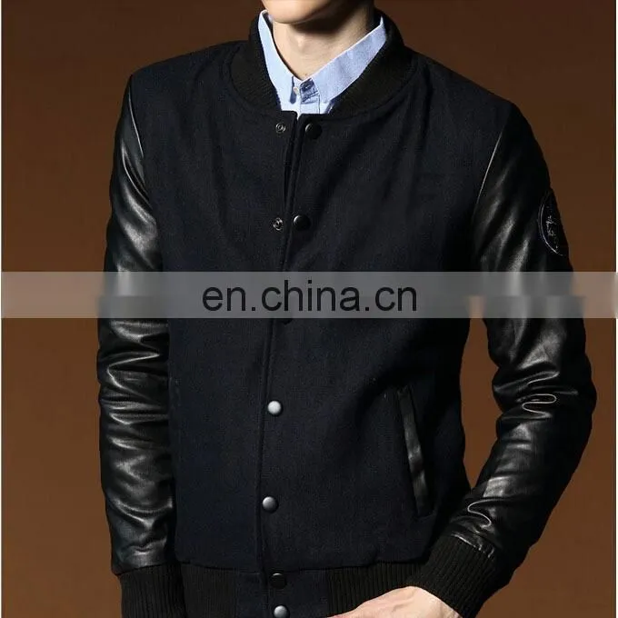 UK Designer Vintage Flight Black Wool Mens Bomber Jackets With Leather Sleeves