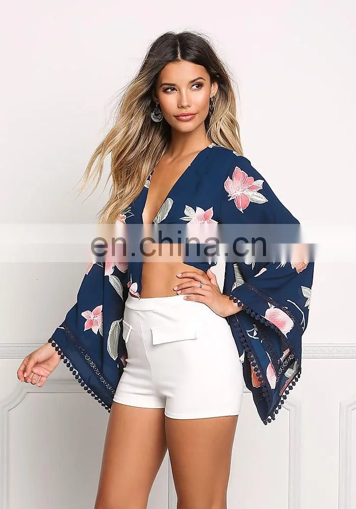 Navy Floral Bell Sleeve Front Tie Crop Top
