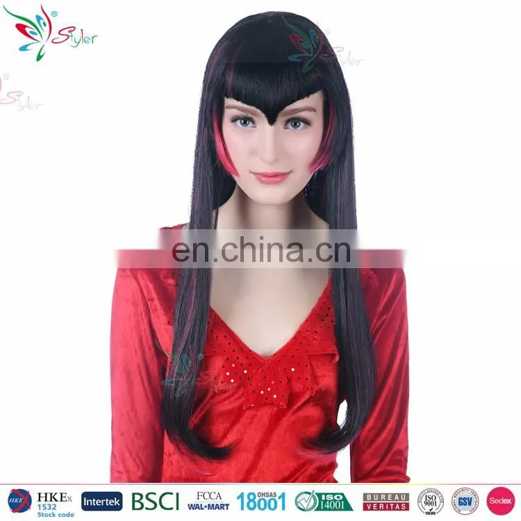 synthetic long black straight hair with red streaks gothic vampire wig