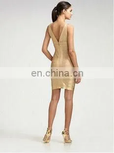 2014 gold bandage dress v neck foil printing wome dress