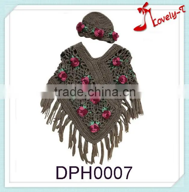 Wholesale hot sale lovely T fashion flower embroidery kids knitted poncho sweater with tassele and hats