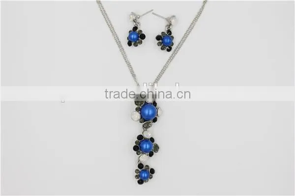 Popular blue 3 flowers pendant necklace fancy necklace and earring fashion jewelry set