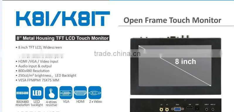 8 Inch LCD Metal Open Frame Touchscreen for Industrial Application monitor