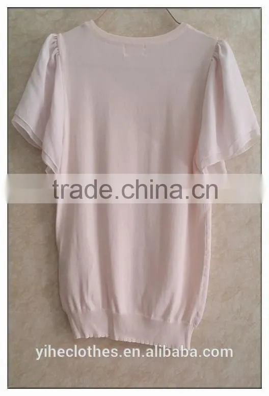 Sweet pink chiffon knitting wear short sleeve chiffon girl t-shirt