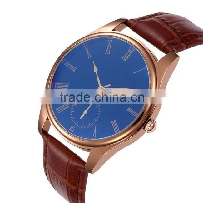 Luxury blue face concise style leather watch, classic rose gold plated men's watch, Japan movement quartz watch