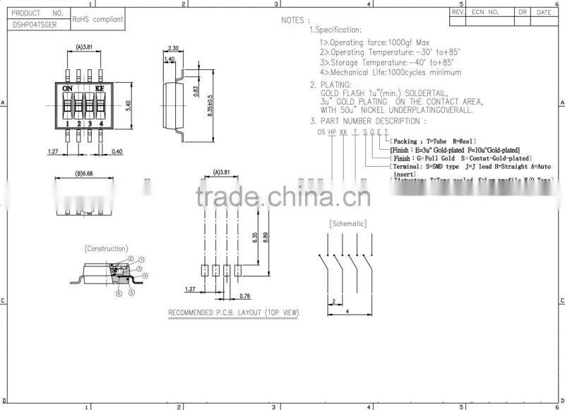 3 pin 1.27mm SMD DIP switch