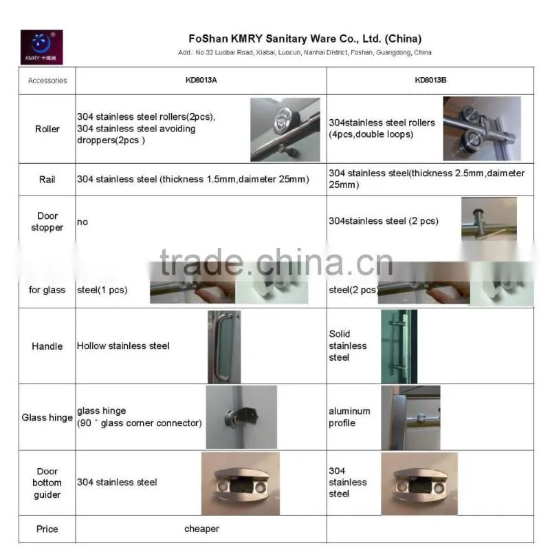 304 Stainless Steel Roller Shower Enclosure Cubicle Best Price Tempered Glass Plastic Sliding Shower Door(KD8013A)
